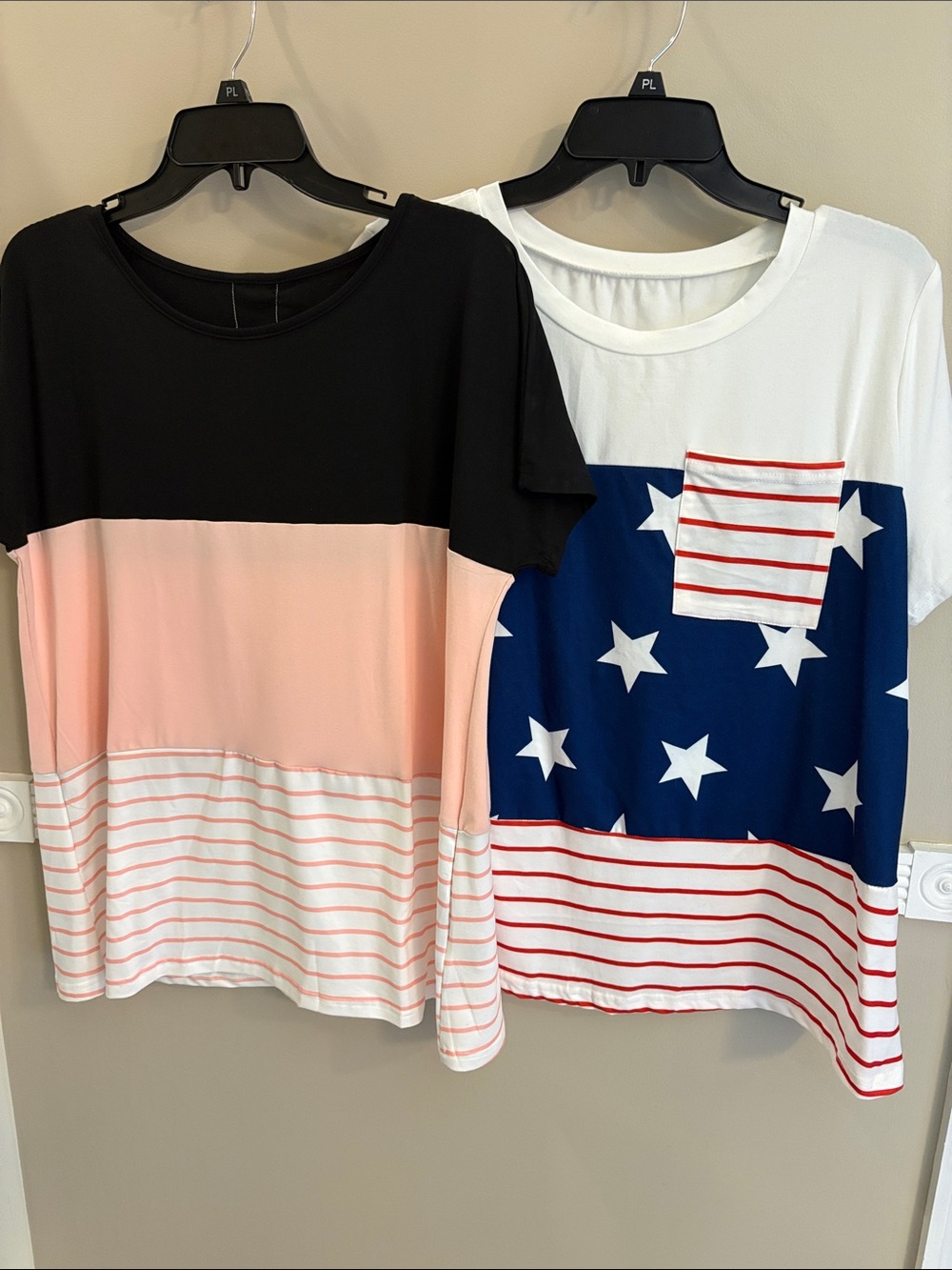 SHEIN Black + Blush Colorblock Tee & SHEIN White Blue Star Stripe Pocket Tee